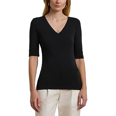 Lauren Ralph Lauren Petite Stretch Cotton Elbow-Sleeve V-Neck Tee