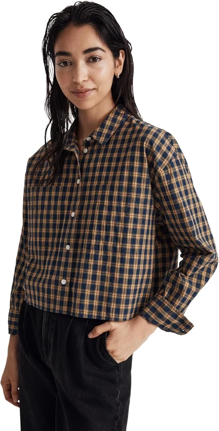 Madewell The Signature Poplin Crop Shirt in Plaid classic plaid indigo