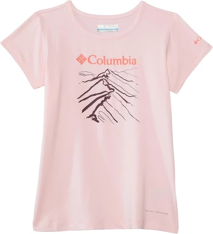 Футболка Columbia Kids Tech Trail с коротким рукавом и графическим рисунком (для маленьких детей/ для больших детей), атласно-розовая с рисунком вереска/ridge line life