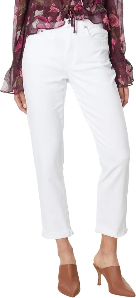 Джинсы Paige High-Rise Brigitte Raw Hem Cuf in White Noise Distressed