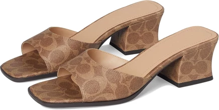 COACH Sculpted C Coated Canvas Block Heel Sandals tan