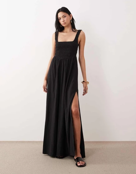 ДИЗАЙНЕРСКОЕ длинное пляжное платье макси Selina в складку черного цвета от ASOS DESIGN