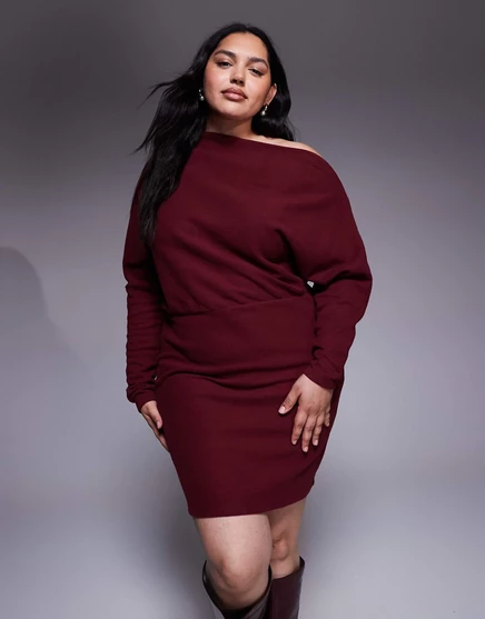 Мини-платье ASOS DESIGN Curve из сверхмягкого материала с длинным рукавом и опущенными плечами цвета шелковицы mulberry