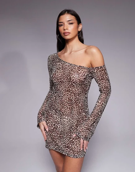 Good American print mesh asymmetric long sleeve mini dress in leopard leopard