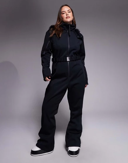 Лыжный костюм ASOS 4505 Curve Ski черного цвета с поясом из мягкой ткани, зауженными штанинами и капюшоном из искусственного меха black
