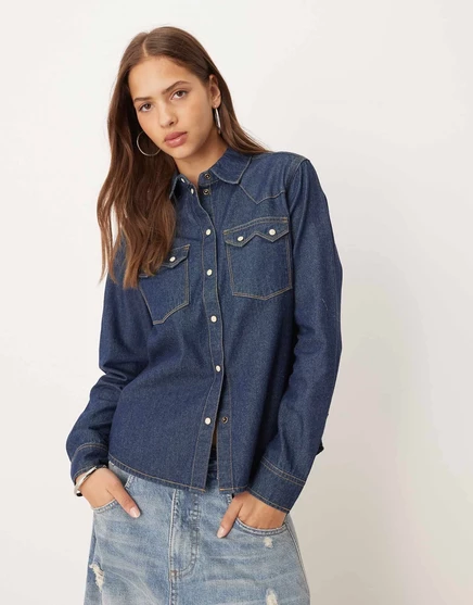 Джинсовая рубашка JJXX темно-синего цвета dark blue denim