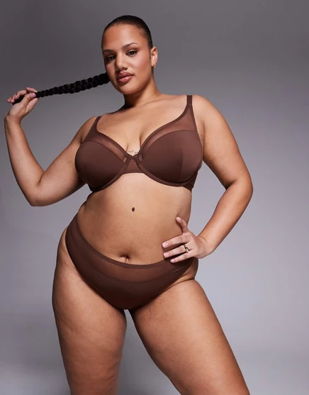 Стринги ASOS DESIGN Curve Ella из микрофибры с завышенной талией и сетчатой отделкой шоколадного цвета