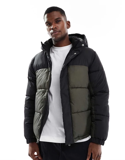 Черно-зеленая пуховая куртка Jack &Jones с капюшоном из цветного блока grape leaf