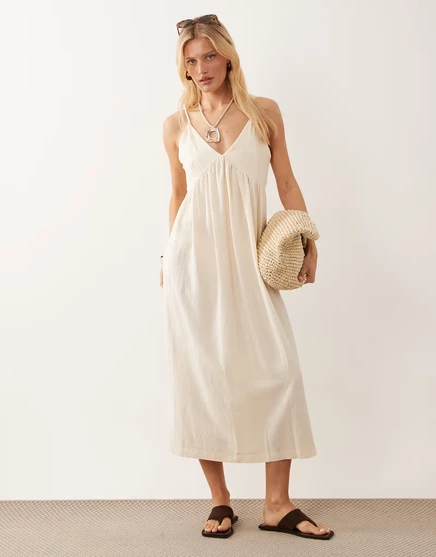 Женское макси-платье ASOS Design льняное, V-вырез, айвори