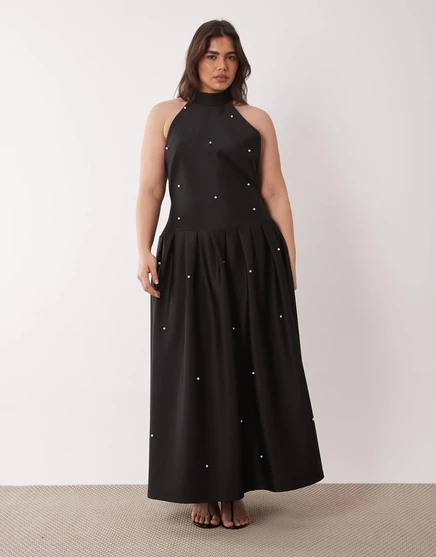 Макси-платье премиум-класса ASOS DESIGN Curve, украшенное искусственным жемчугом, с шарфом из черной ткани в стиле акваланга black