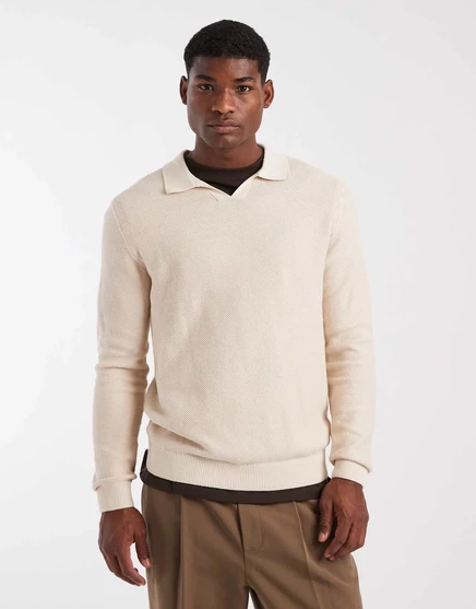 Кремовое поло из премиального трикотажа Jack &Jones с длинным рукавом кремового цвета silver lining
