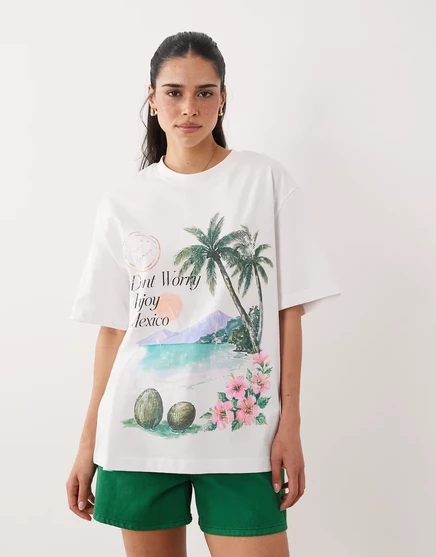 ДИЗАЙНЕРСКАЯ футболка оверсайз от ASOS с изображением мексиканского пейзажа в белом цвете
