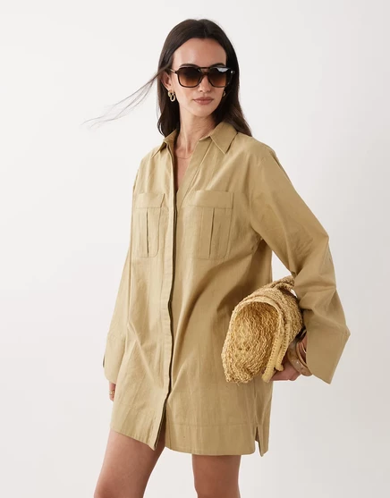 Женское платье-рубашка ASOS Design мини из хлопка и льна с широкими манжетами, песочное