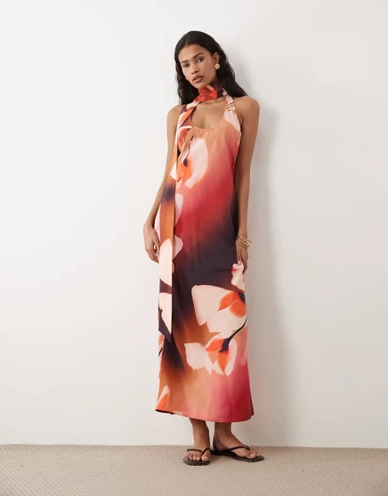 Женское макси-платье ASOS Design с шарфом, розовое в цветок