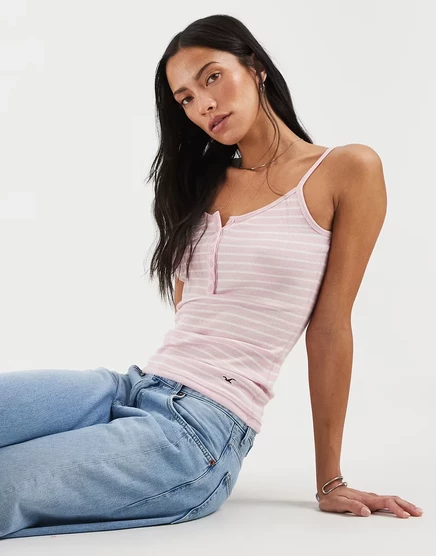 Женская майка Hollister Henley cami в полоску, розовая