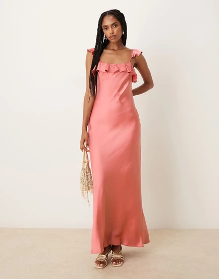 Атласное макси-платье с оборками ASOS DESIGN из батистового атласа розового цвета rose