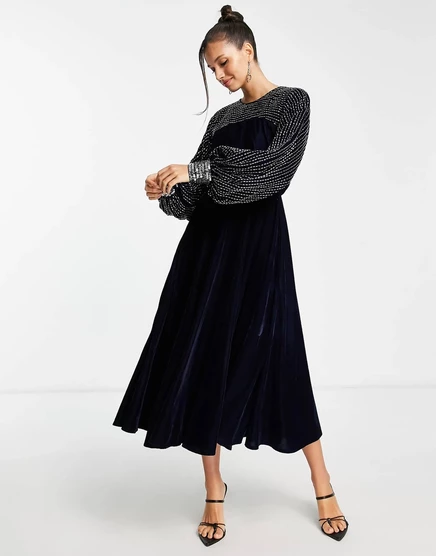 Темно-синее бархатное платье миди с линейной отделкой на кокетке ASOS DESIGN navy