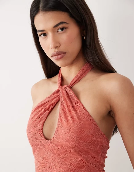 Женский кружевной топ ASOS DESIGN с халтером, терракотовый