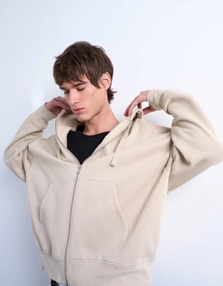 Толстовка Topman heavyweight oversize с капюшоном на молнии из светлого камня light stone