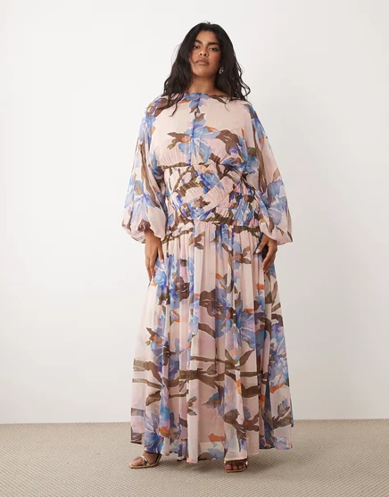 Женское платье ASOS Curve макси блузон с присборенной талией, в романтический цветочный принт