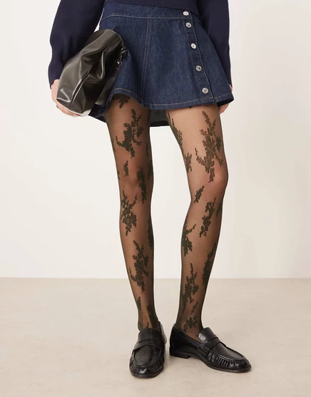 Женские кружевные колготки Asos Design с крупным цветочным узором, темно‑зеленые