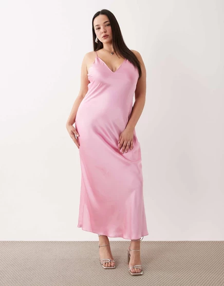 Атласное миди-платье ASOS DESIGN Curve high apex в сахарно-розовом цвете sugar pink