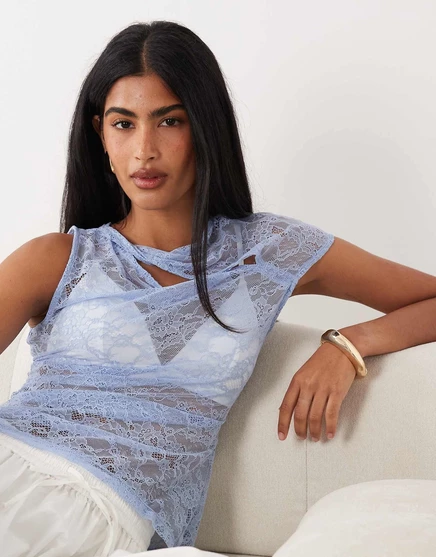 Женский кружевной асимметричный топ ASOS Design, синий