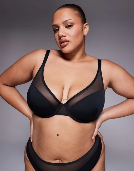 Бюстгальтер ASOS DESIGN Curve Ella с подкладкой из микрофибры на косточках и сетчатой отделкой черного цвета black