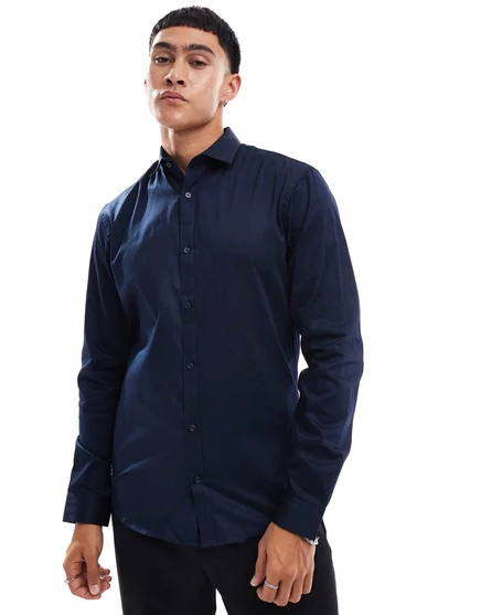 Элегантная рубашка Jack &Jones Premium slim fit из стрейчевой ткани темно-синего цвета navy blazer