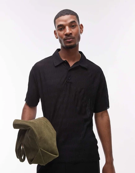 Черное поло Topman plisse свободного кроя от Topman black