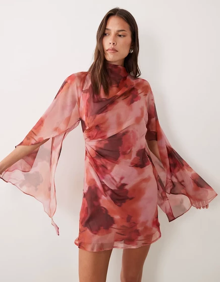 Женское мини-платье ASOS Design с кейп-рукавом, размытый розовый принт