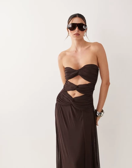 Женское макси-платье ASOS Design сетчатое бандо, шоколадное