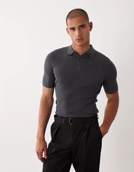 Мужское поло ASOS Design Essential в рубчик, антрацитовое
