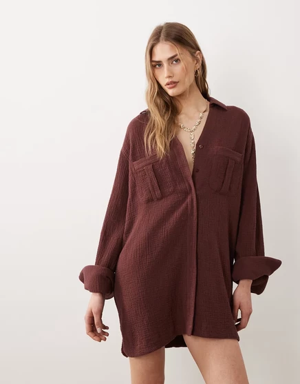 Женское мини-платье-рубашка ASOS Design двуслойное с широкими манжетами, шоколадное