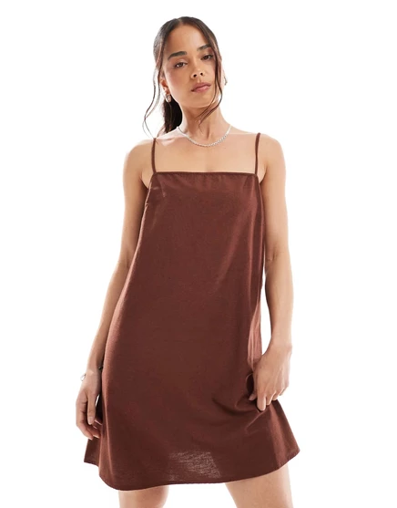 Мини-платье из льняного полотна Vero Moda шоколадного цвета chocolate fondant