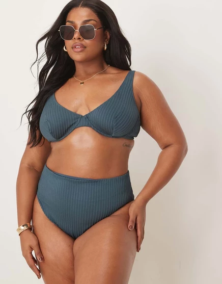 Плавки-бикини ASOS DESIGN Curve в рубчик с высокими штанинами и завышенной талией темно-синего цвета slate blue