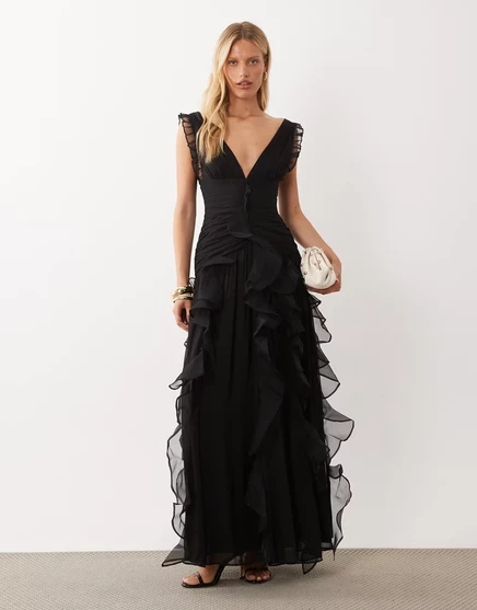 РОСКОШНОЕ макси-платье ASOS с рюшами и водопадной отделкой черного цвета black