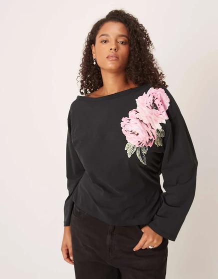 ДИЗАЙНЕРСКИЙ топ ASOS с завышенной талией и вырезом лодочкой черного цвета с цветочным рисунком black
