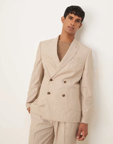 Мужской приталенный пиджак ASOS Design из льняной смеси в полоску, песочный