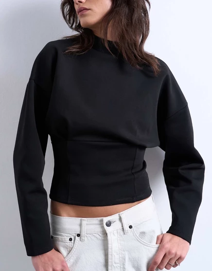 Черный топ с длинным рукавом и фиксирующим корсетом на талии от Topshop interlock черного цвета black