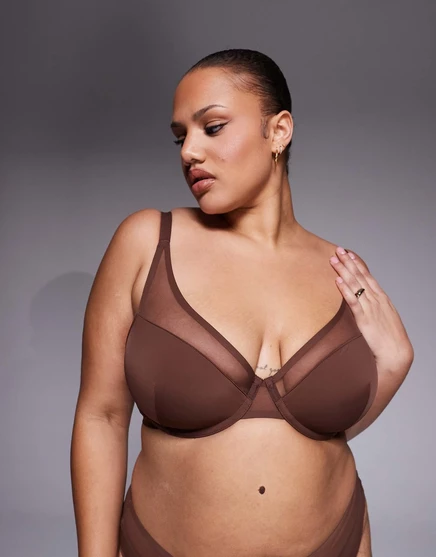 Демисезонный бюстгальтер на косточках ASOS DESIGN Curve Ella с подкладкой из микрофибры и сетчатой отделкой шоколадного цвета choc