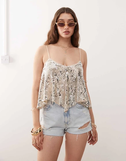 Кружевной топ Miss Selfridge, украшенный блестками silver