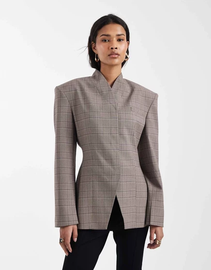 ДИЗАЙНЕРСКИЙ блейзер ASOS с высоким воротом и запахом в серую клетку gray check