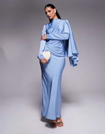 ДИЗАЙНЕРСКОЕ макси-платье ASOS DESIGN из драпированного атласа с косым вырезом и накладным шарфом темно-синего цвета dusky blue