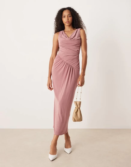 Розовое платье миди с асимметричным вырезом-капотом и рюшами от ASOS DESIGN dusky rose