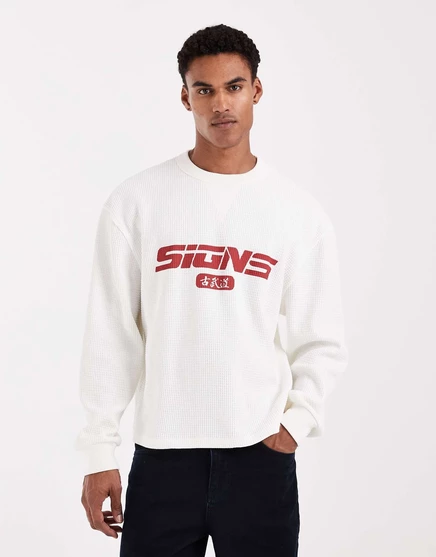 Свитшот из вафельной вязки свободного кроя с принтом белого цвета от ASOS DESIGN coconut milk
