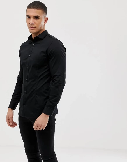 Элегантная рубашка премиум-класса Jack &Jones super slim fit из стрейчевой ткани черного цвета black