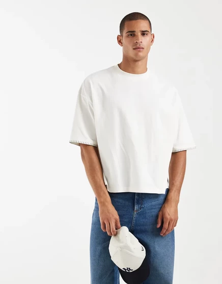 Мужская футболка ASOS Design оверсайз с контрастной строчкой, кремовая