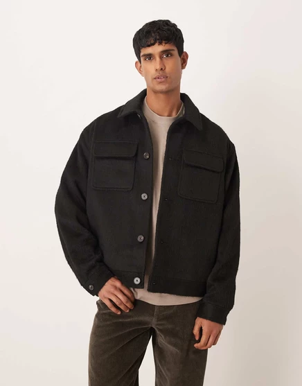 Мужская куртка Harrington ASOS Design с эффектом шерсти, черная