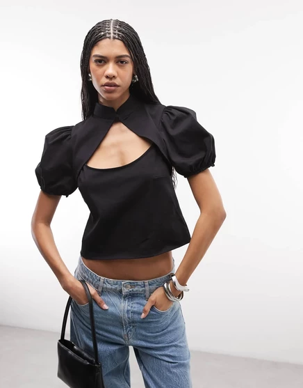 Женский топ ASOS Design с пышными рукавами и вырезом, черный